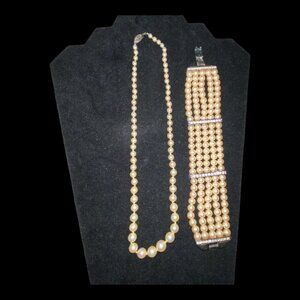 Pearl Glass Bead Necklace Bracelet Set Rhinestones Vintage